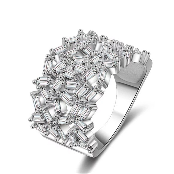 18k WG/S925 Sterling Silver Baguette Diamond Cluster Band - Picture 6 of 8